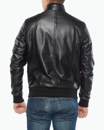 Mens Black Leather Bomber Biker Jacket